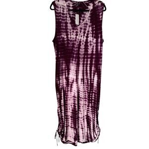 Lane Bryant Dress 14/16 Purple White Tie Dye Sleeveless Ruched Jersey Knit Midi